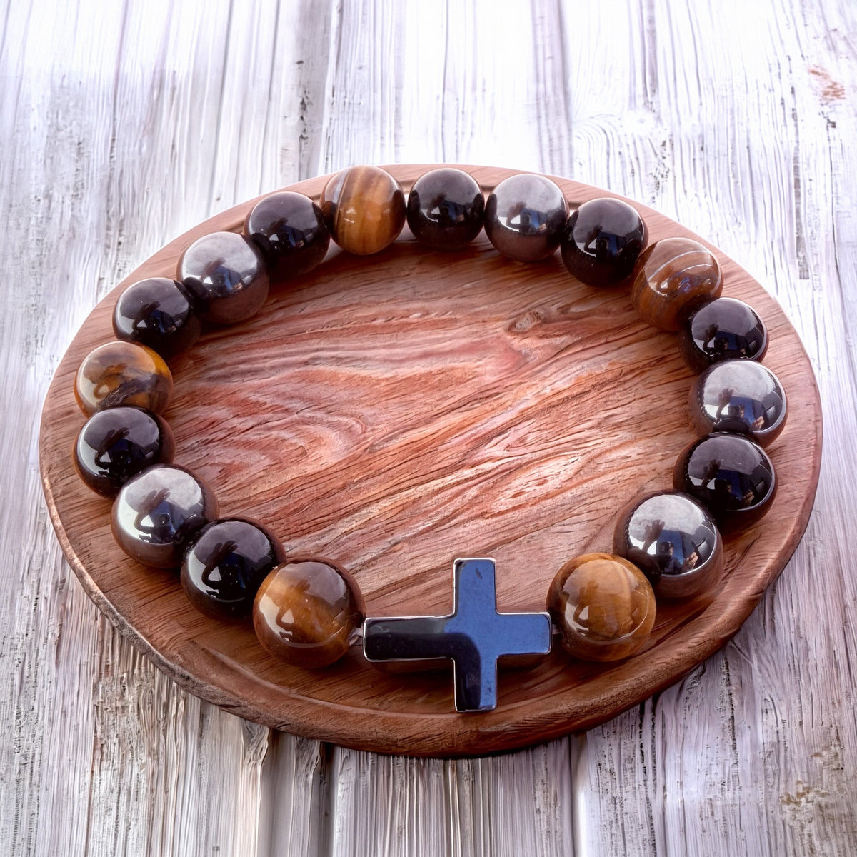 017 - Natural HEMATITE OBSIDIAN TIGER EYE Stone Bracelet 10mm 1Pcs