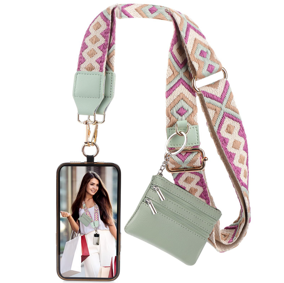 032 - Long Keeper Phone Strap Crossbody with Zipper Wallet Phone Chain