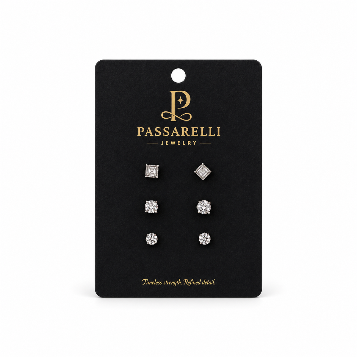 Passarelli 3-pair white cubic zirconia stud earring set featuring princess cut square, medium round prong-set, and larger round pavé CZ studs in silver settings