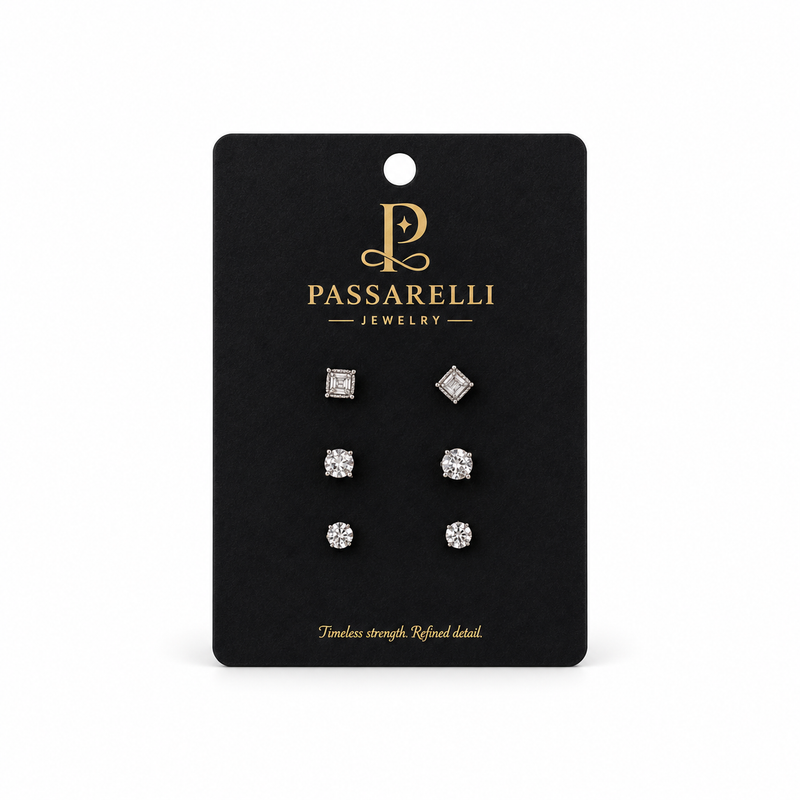 Passarelli 3-Pair White CZ Stud Earring Set with Princess Cut, Round Prong & Pavé Styles