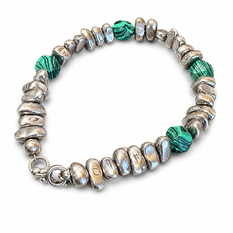 Silver Nugget & Malachite Beaded Bracelet