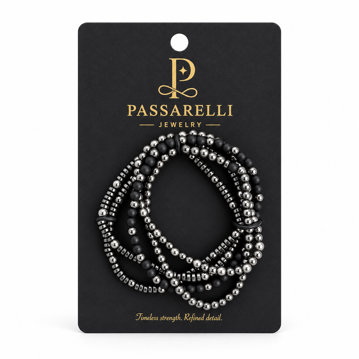 Passarelli 5-piece stacking bracelet set with alternating matte black onyx and silver hematite beads in varying sizes