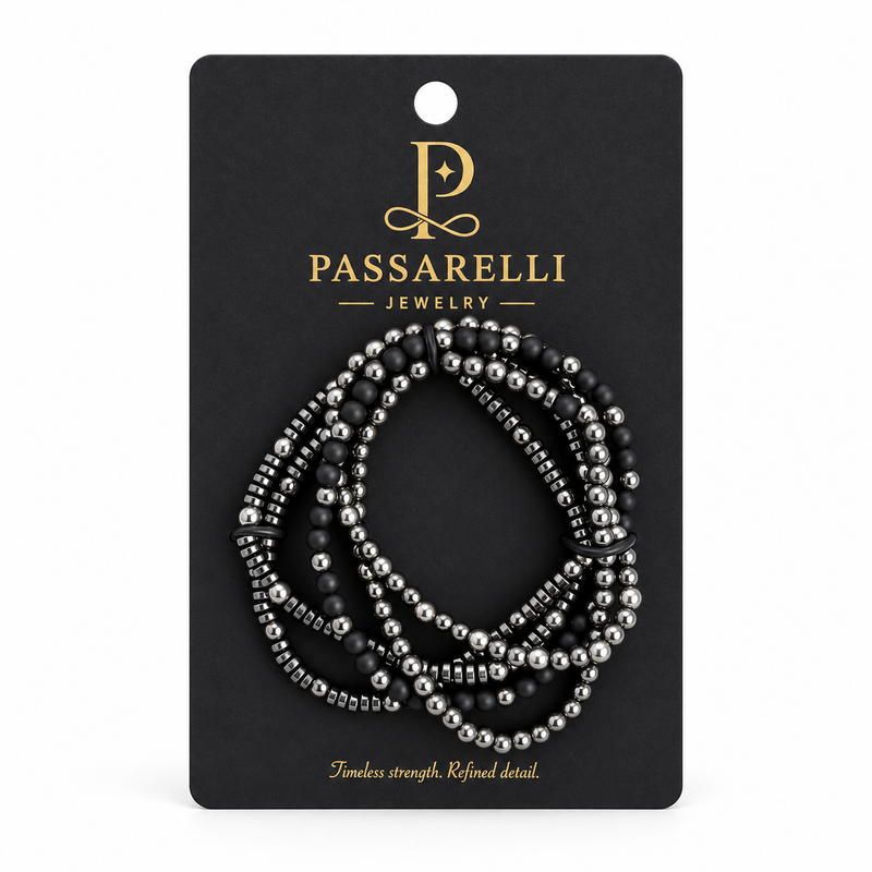 Passarelli 5-Piece Black Onyx & Silver Hematite Beaded Bracelet Stack Set
