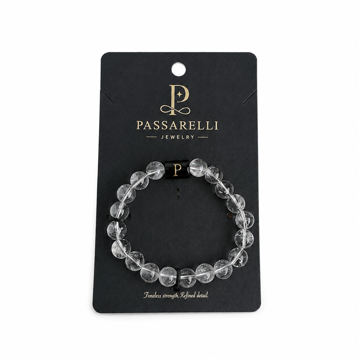 Passarelli clear quartz crystal 10mm beaded stretch bracelet with transparent crystal beads, black onyx accents, and branded black P charm