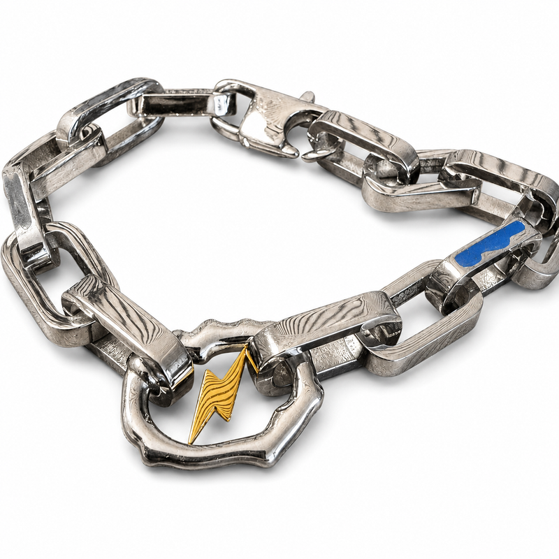 Silver Damascus Chain Bracelet with Gold Lightning Bolt Charm