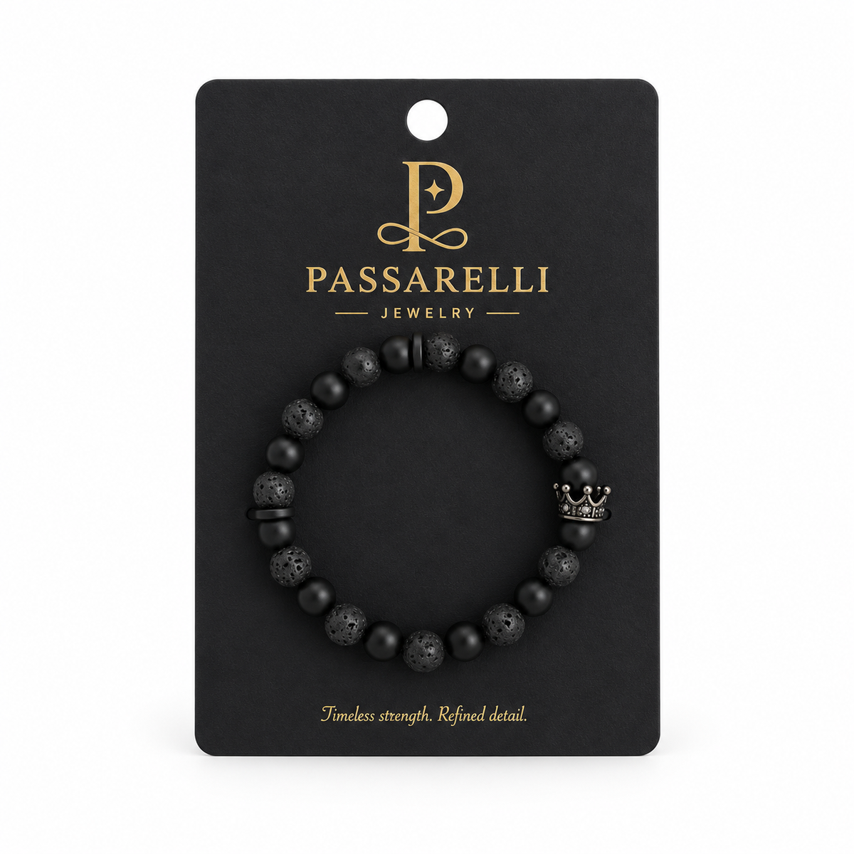 Passarelli lava stone and matte black onyx 10mm beaded stretch bracelet with gunmetal crown charm and hematite spacers