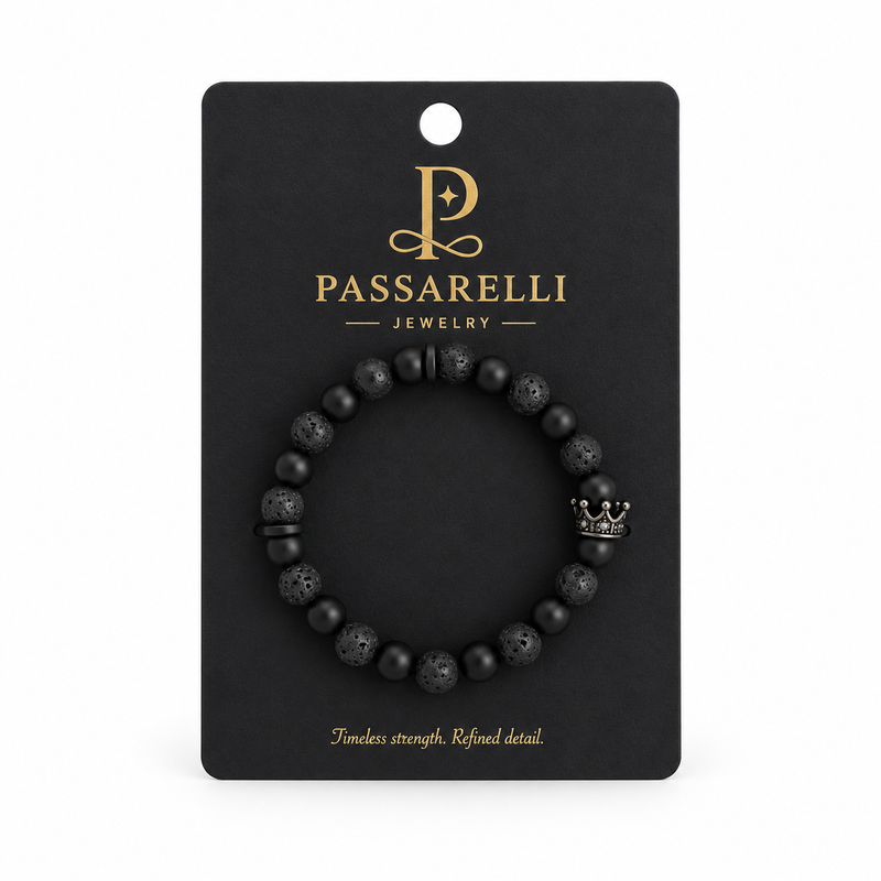 Passarelli Lava Stone & Black Onyx 10mm Beaded Bracelet with Gunmetal Crown Charm