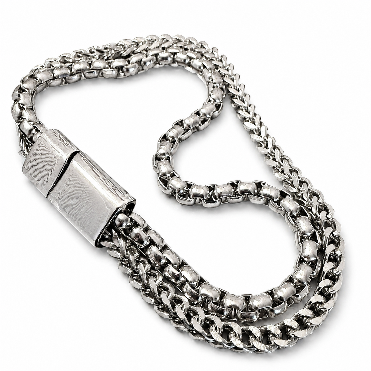 Silver multi-strand box and franco chain bracelet with engraved magnetic clasp