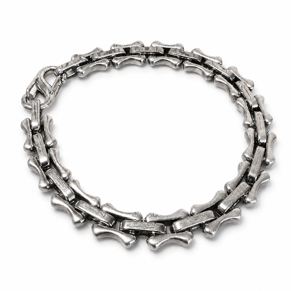 Silver bone link chain bracelet with gothic biker style