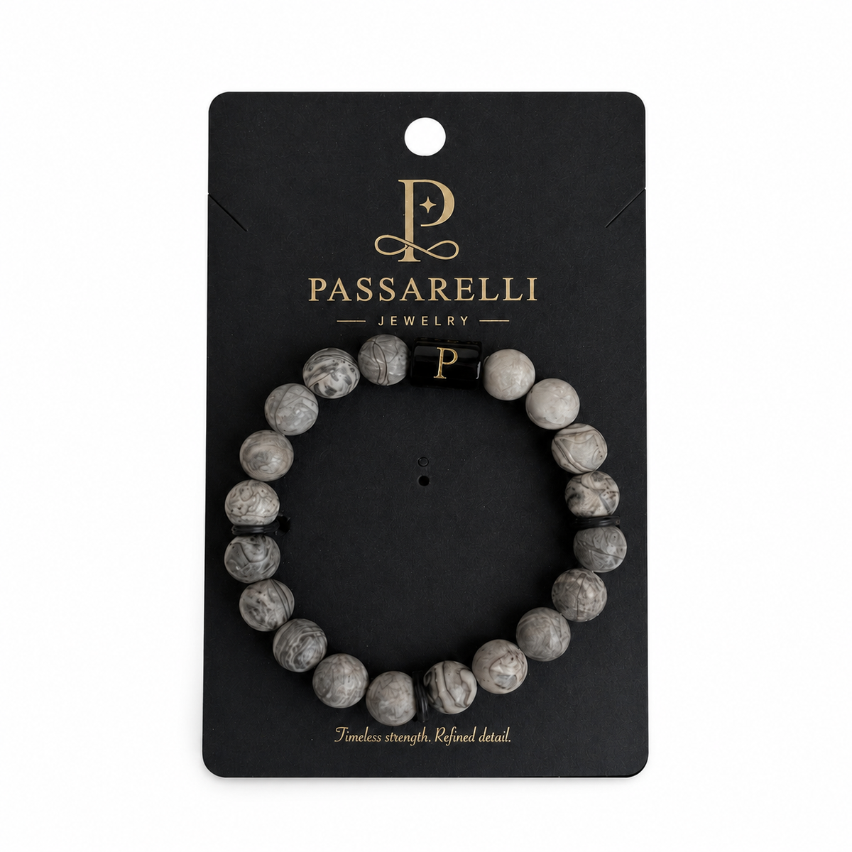 Passarelli gray map stone 10mm beaded stretch bracelet with black onyx accent beads and branded black P charm