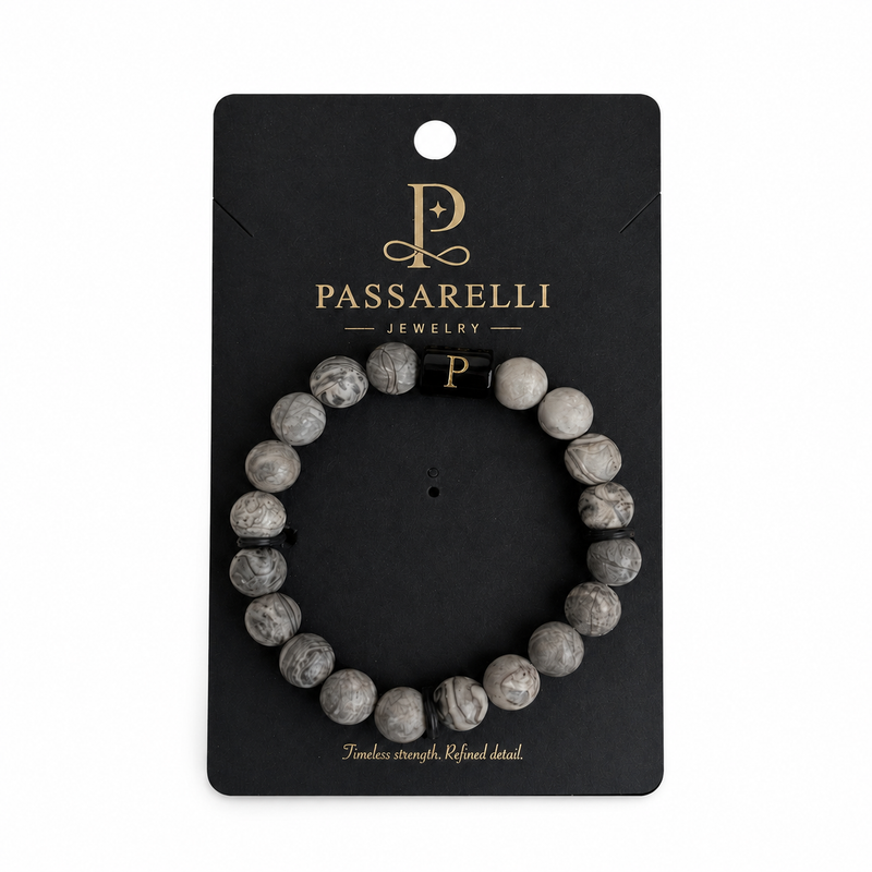 Passarelli Gray Map Stone 10mm Beaded Bracelet with Black Onyx Accents