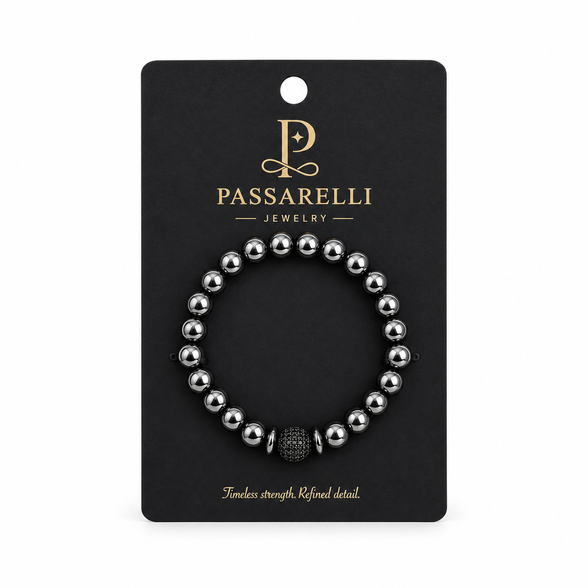 Passarelli hematite 10mm beaded stretch bracelet with gunmetal silver hematite beads and pavé black cubic zirconia disco ball centerpiece
