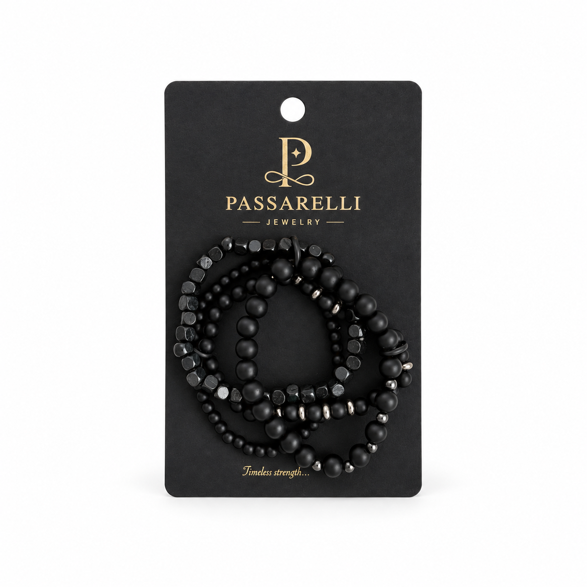 Passarelli 3-piece all-black beaded bracelet stack set featuring matte black onyx rounds, faceted black nugget beads, and tiny matte black beads with silver hematite spacers