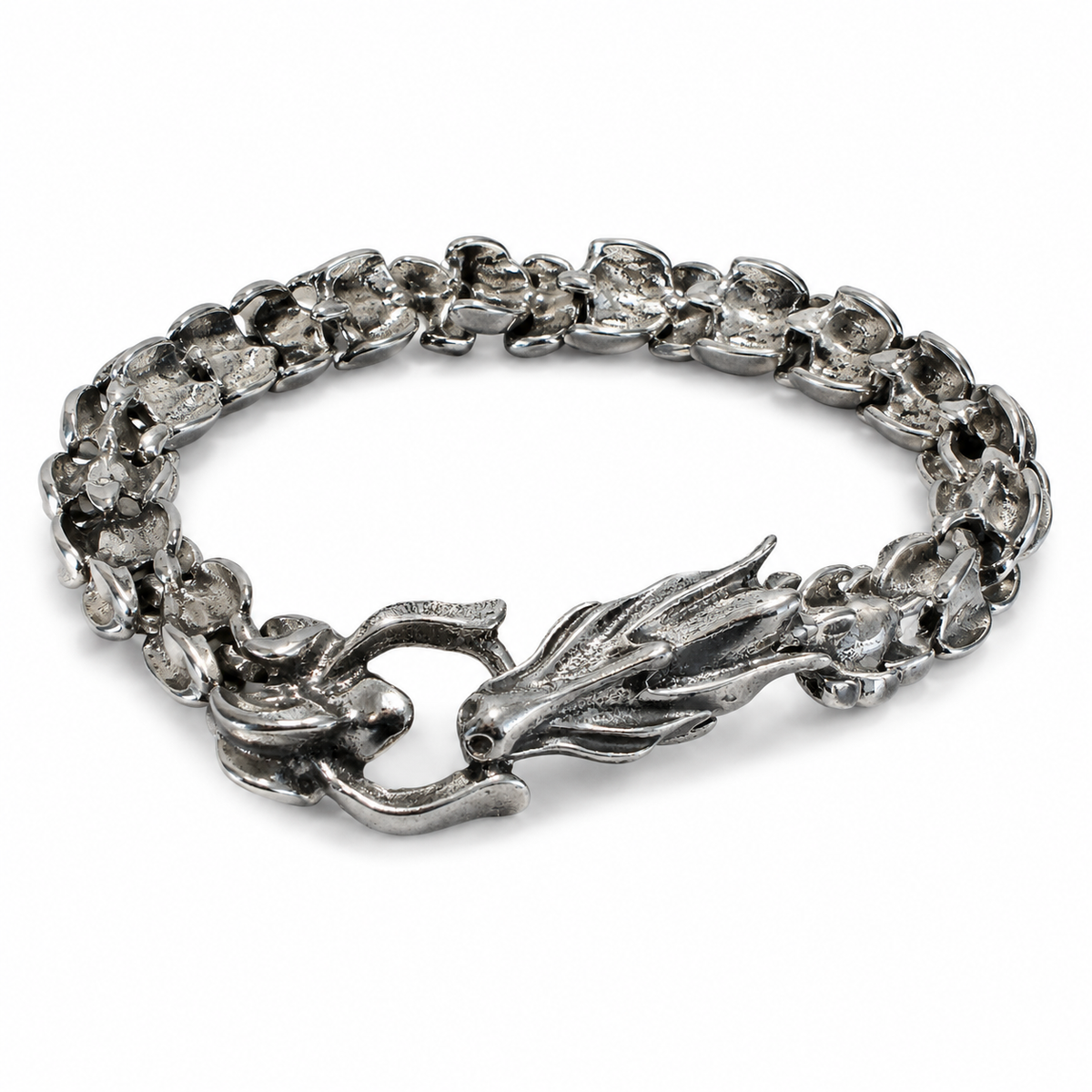 Silver antique chain bracelet with ornate dragon head clasp