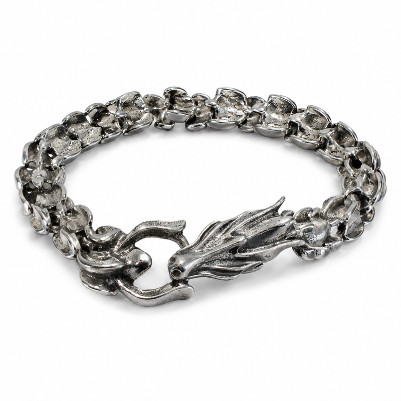 Silver Antique Dragon Head Chain Bracelet