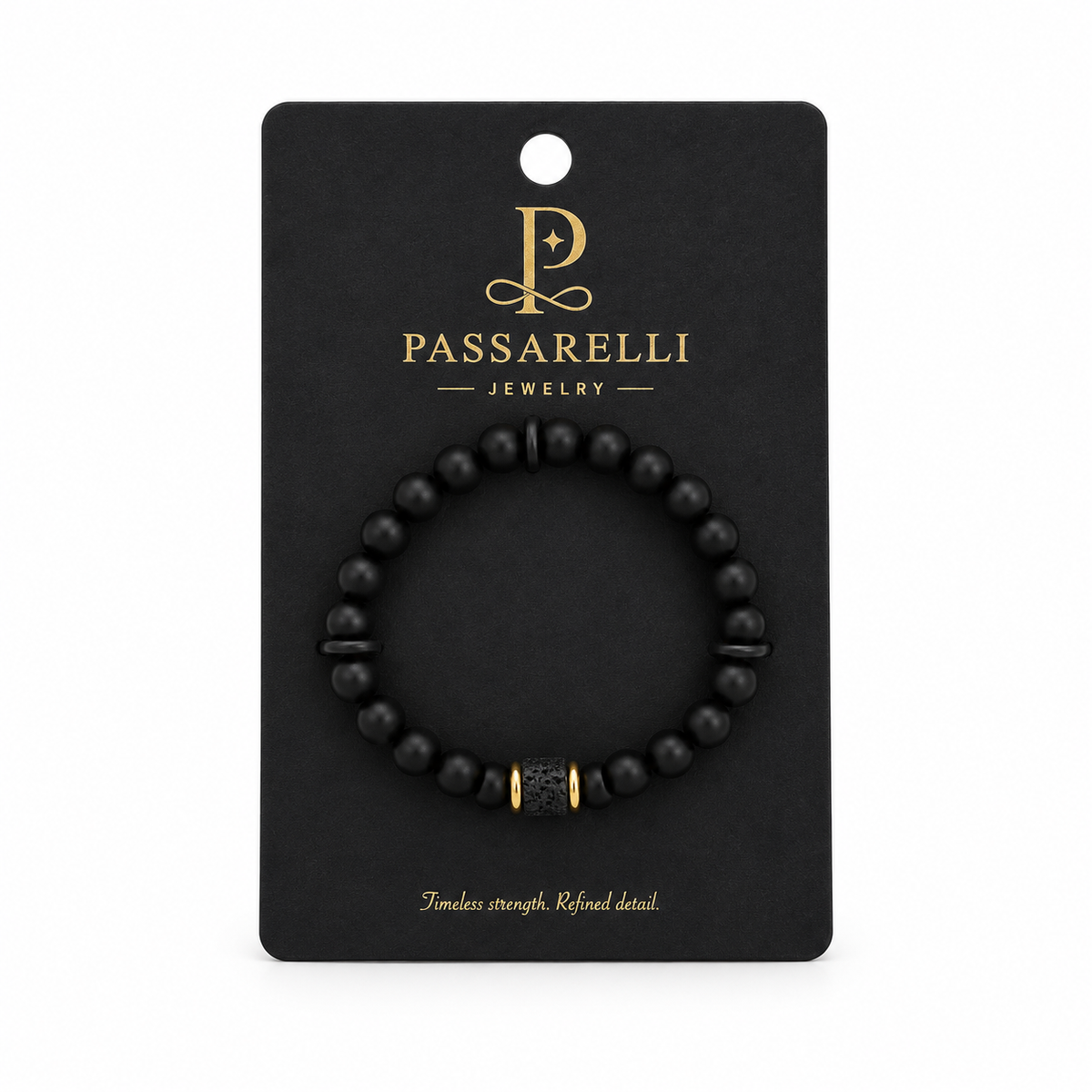 Passarelli matte black onyx 10mm beaded stretch bracelet with pavé black cubic zirconia barrel centerpiece and gold ring spacers