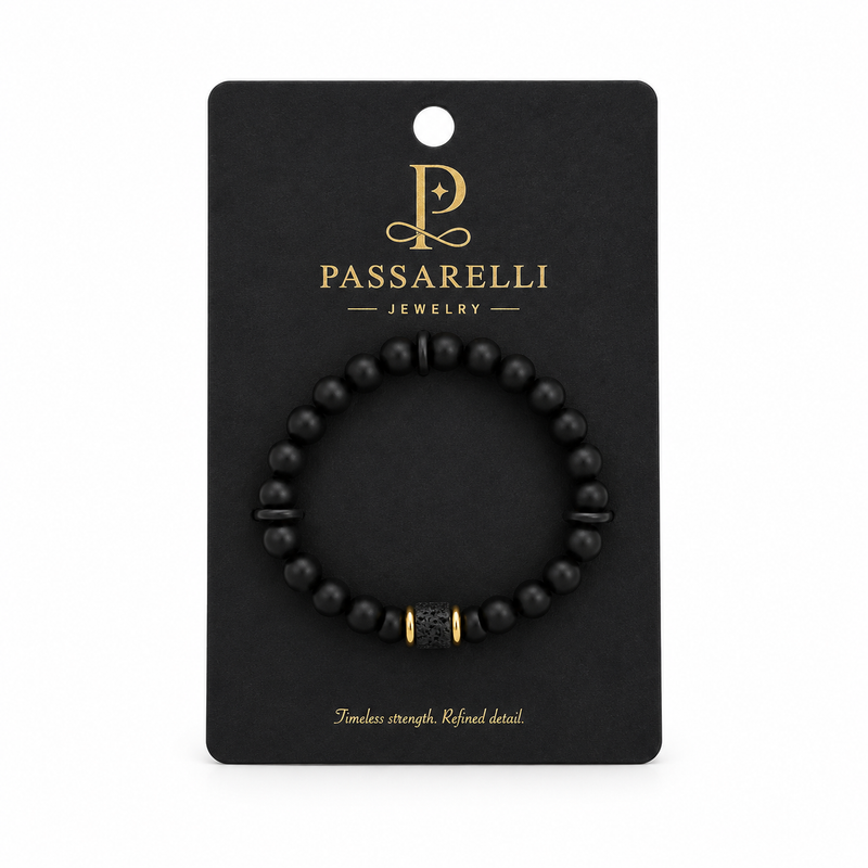 Passarelli Matte Black Onyx 10mm Beaded Bracelet with Pavé CZ Barrel & Gold Accents