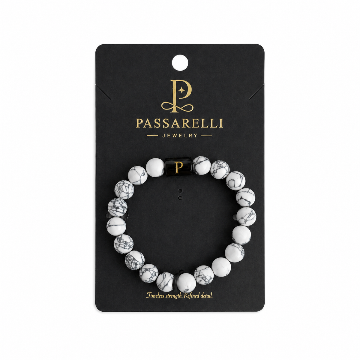 Passarelli white howlite 10mm beaded stretch bracelet with white and grey veined stone beads, black onyx accents, and branded black P charm