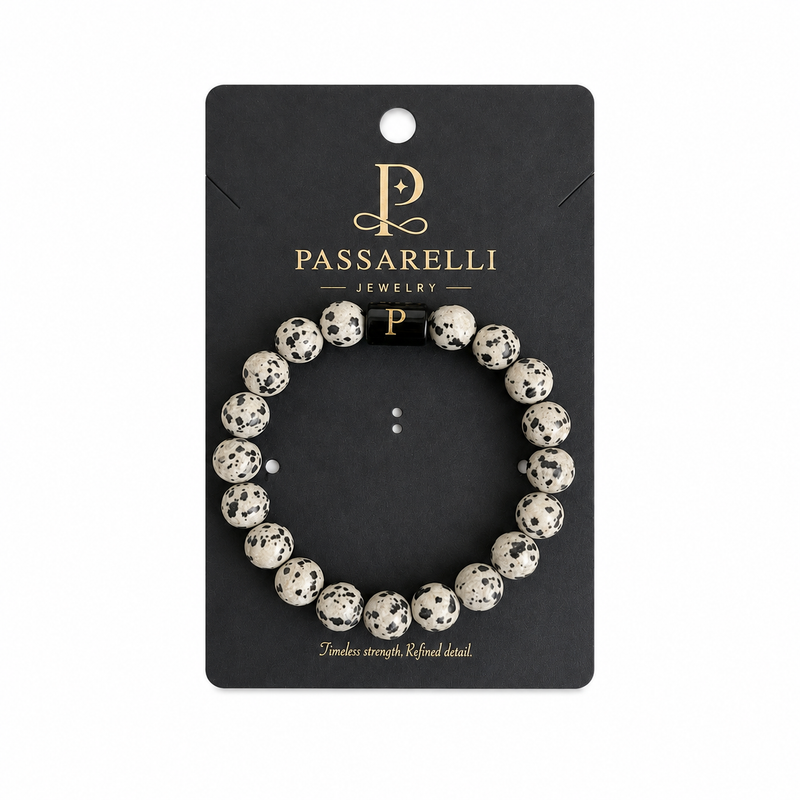 Passarelli Dalmatian Jasper 10mm Beaded Bracelet with Black Onyx Accents