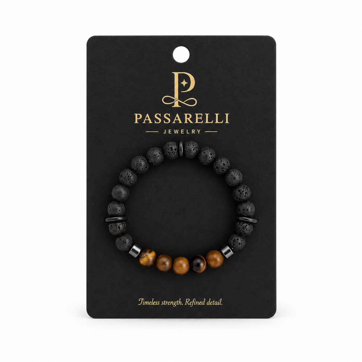 Passarelli lava stone and tiger's eye 10mm beaded stretch bracelet with black porous lava beads, golden tiger's eye accent beads, and hematite spacers