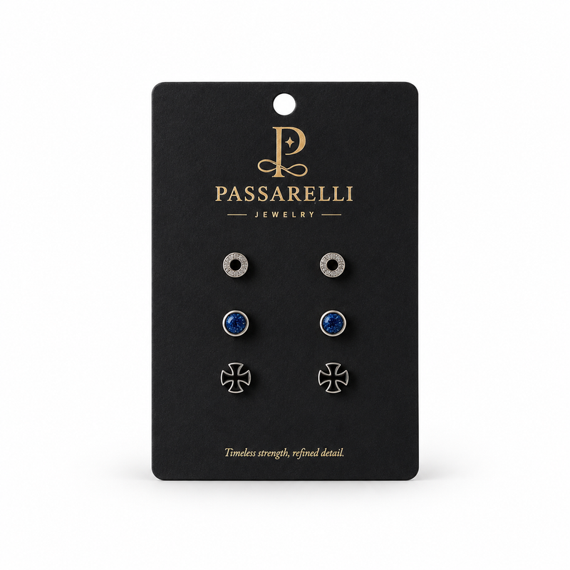 Passarelli 3-Pair Stud Earring Set with CZ Circle, Blue Sandstone & Iron Cross