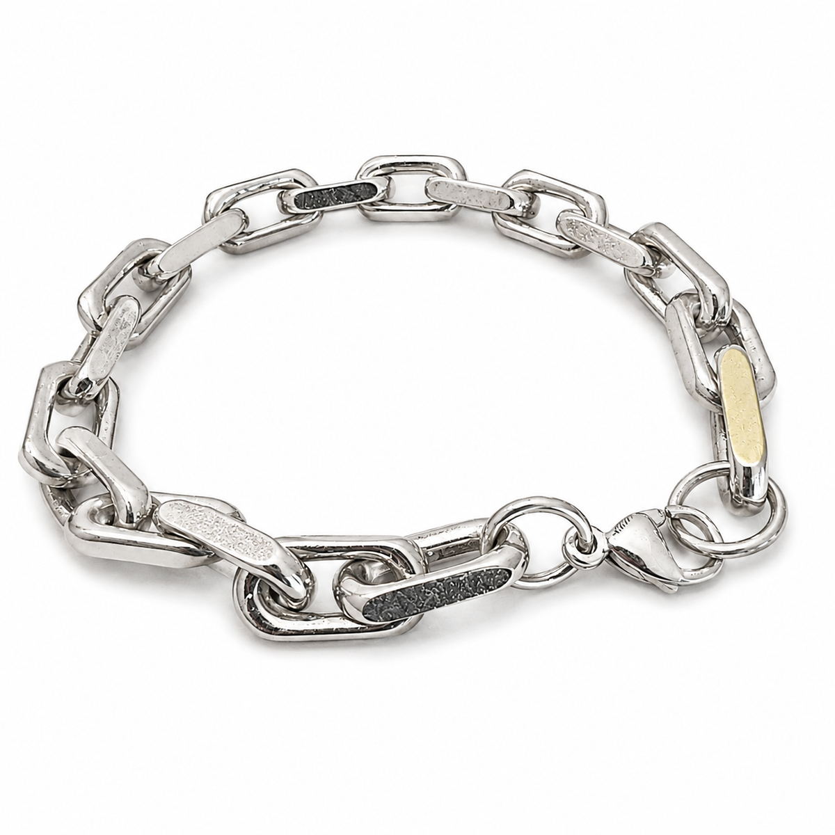 Silver chunky mixed rectangular and oval link chain bracelet with gold accent bar and lobster clasp