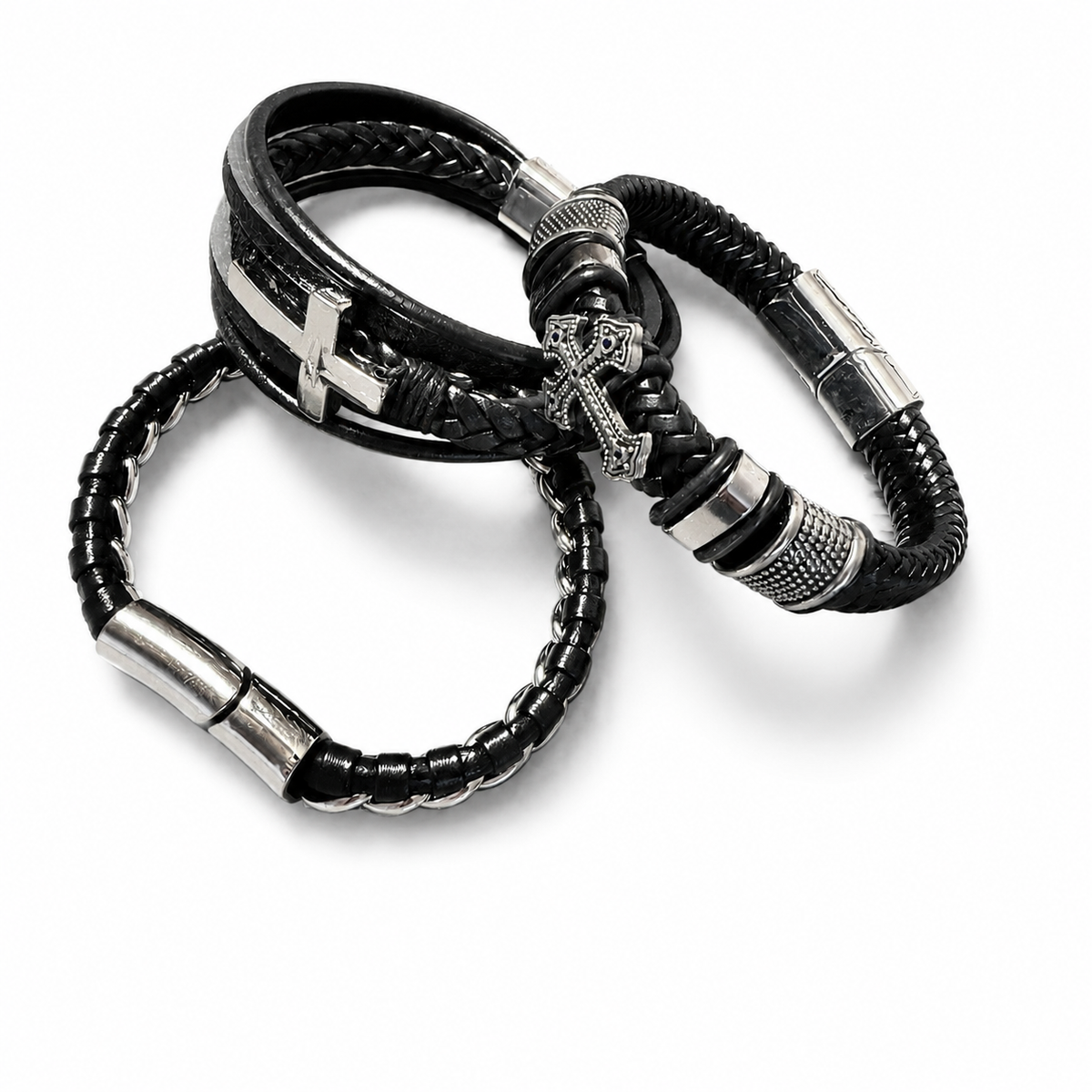 Black multi-strand braided leather bracelet with silver cross charm
