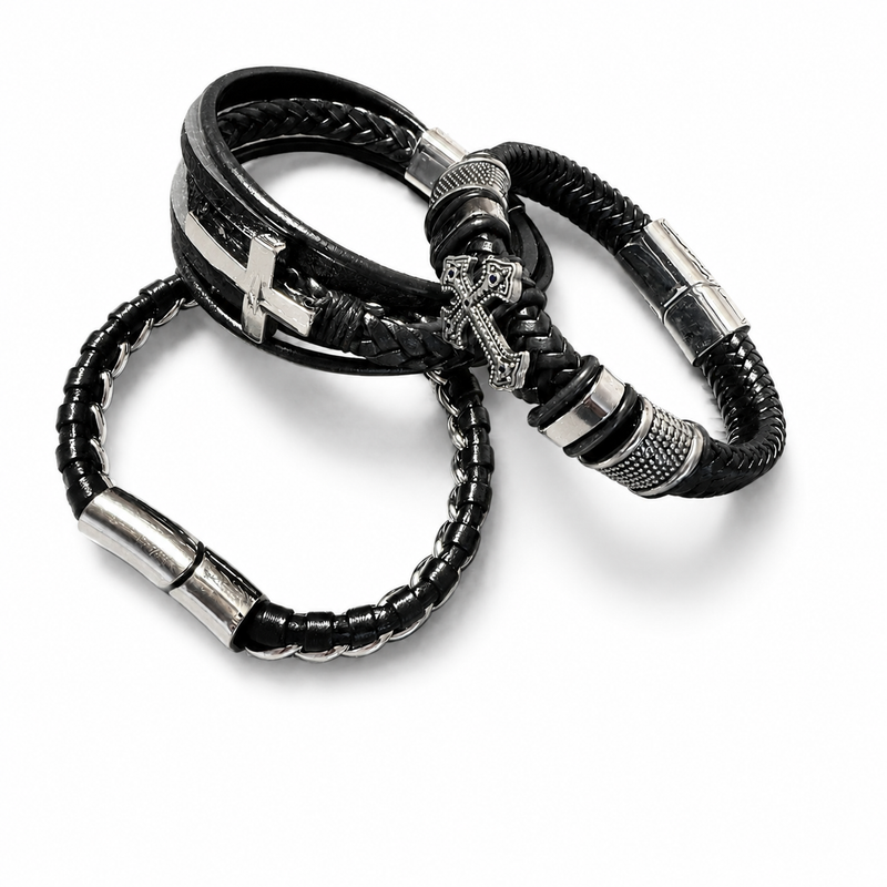 Black Braided Leather & Silver Cross Bracelet