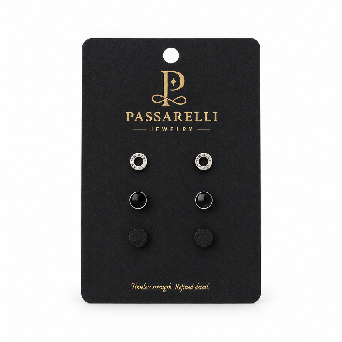 Passarelli 3-pair stud earring set featuring silver Roman numeral disc studs, black onyx studs, and matte black flat studs
