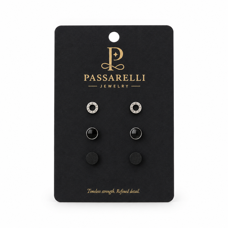 Passarelli 3-Pair Black Stud Earring Set with Roman Numeral & Onyx