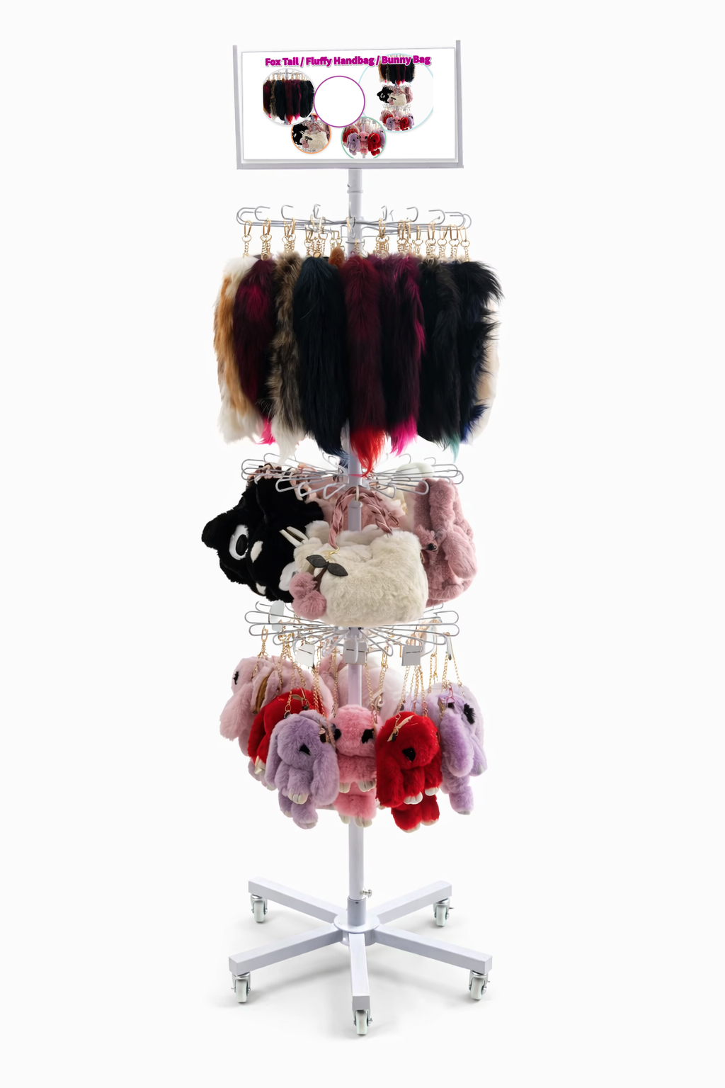 Fox Tail / Fluffy Handbag / Bunny Bag Full Display  Fox Tail Keychain  Item No.: BWN1033 / Plush Bag  Item No.: BWN1034  PRICE: $4.00 / EACH / Bunny Bag  Item No.: BWN1035  PRICE: $5.00 / EACH $1100