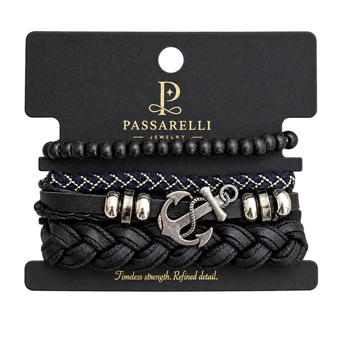 Passarelli 4-piece navy and black leather bracelet stack with silver anchor charm, matte black wood beads, navy diamond woven rope, and wide braided black leather bracelet