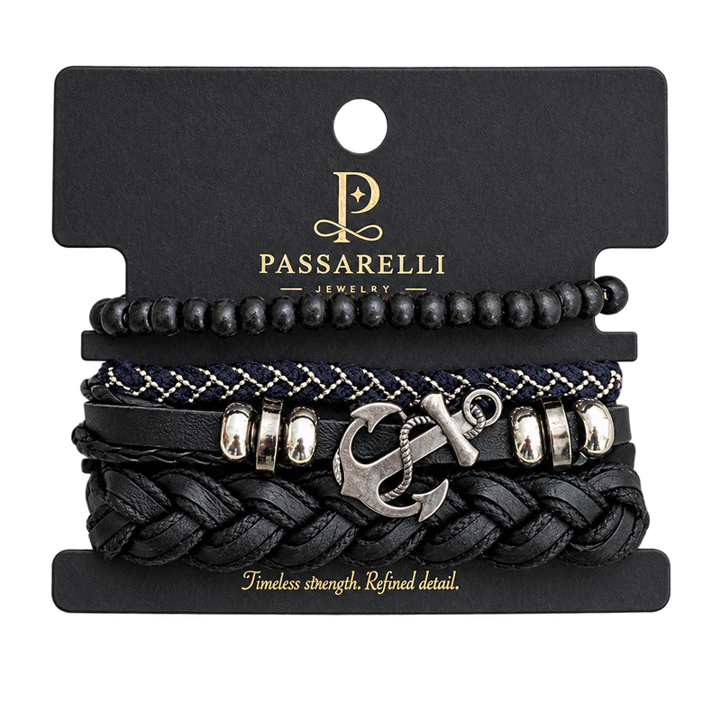 Passarelli 4-Piece Navy & Black Leather Bracelet Stack Set with Silver Anchor Charm