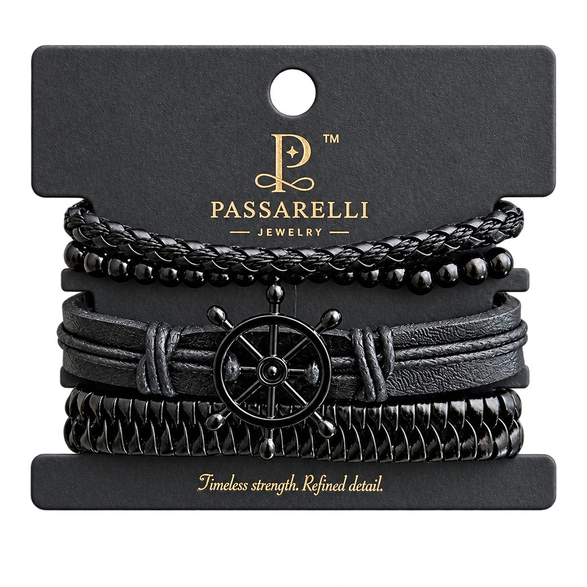 Passarelli 4-piece all-black leather bracelet stack with black ship's wheel charm, black onyx beads, braided rope, flat leather, and chunky scale-weave leather bracelet