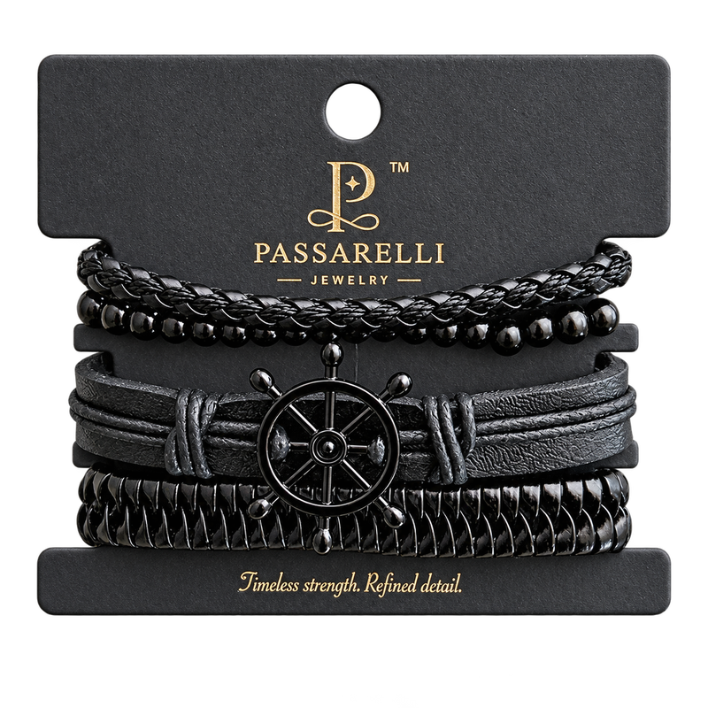 Passarelli 4-Piece All-Black Leather Bracelet Stack Set with Black Ship's Wheel Charm