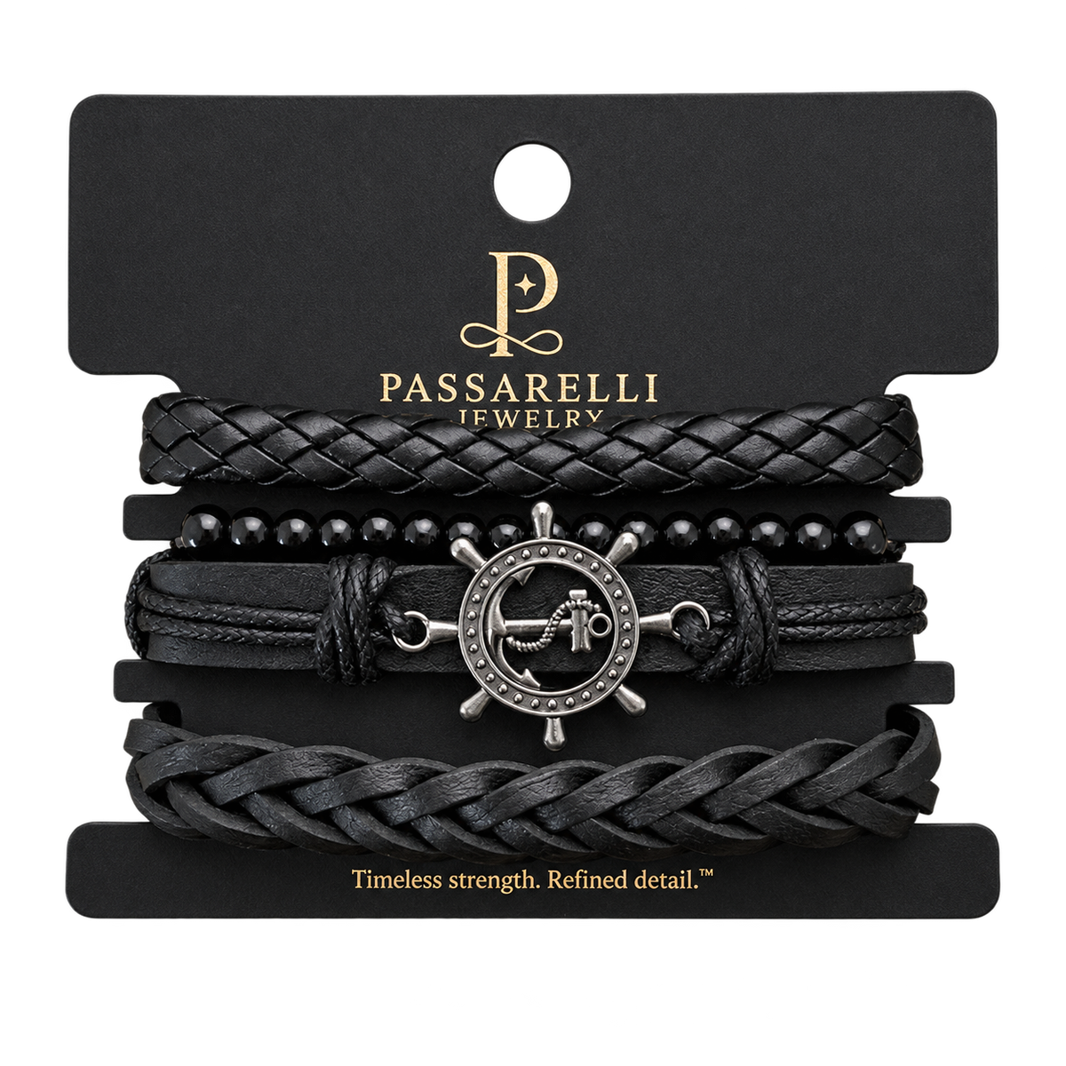 Passarelli 4-piece all-black leather bracelet stack with anchor and ship's wheel medallion, black onyx beads, wide braided leather, and chunky braided leather bracelet