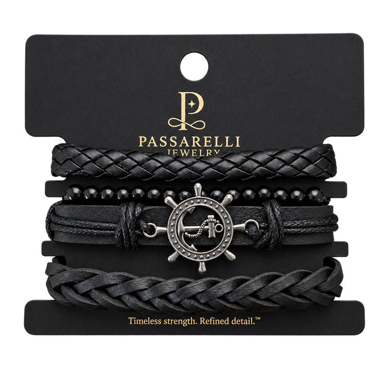 Passarelli 4-Piece Black Leather Bracelet Stack Set with Anchor & Ship's Wheel Medallion