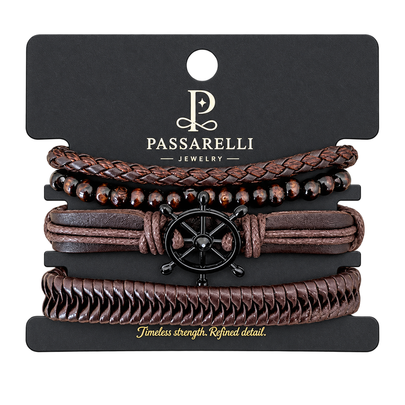 Passarelli 4-Piece Brown Leather Bracelet Stack Set with Ship's Wheel Charm