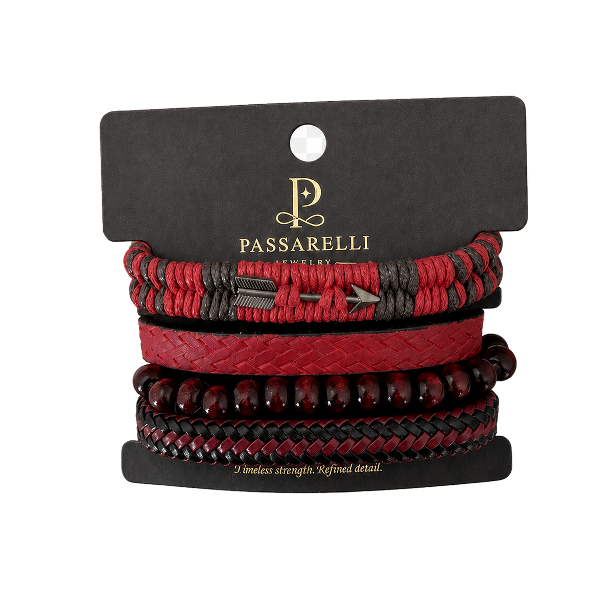 Passarelli 4-piece red and black bracelet stack with arrow charm, braided red leather, dark wood beads, and woven leather bracelet