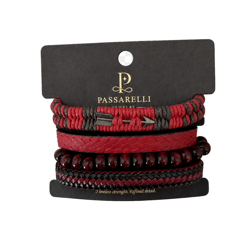 Passarelli 4-Piece Red & Black Leather Bracelet Stack Set with Arrow Charm