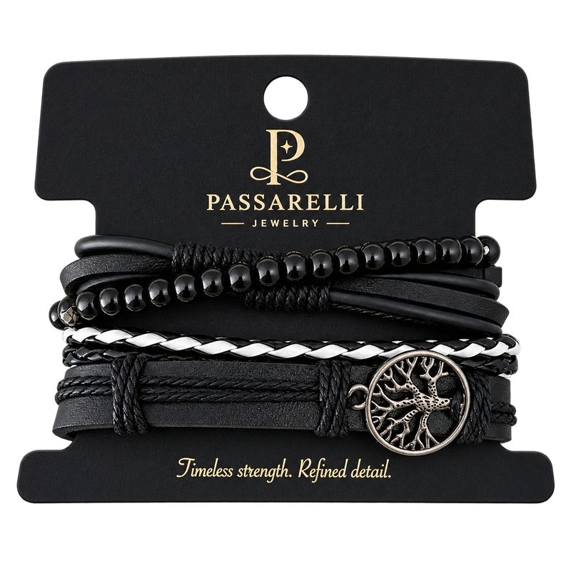 Passarelli 4-Piece Black & White Leather Bracelet Stack Set with Tree of Life Charm