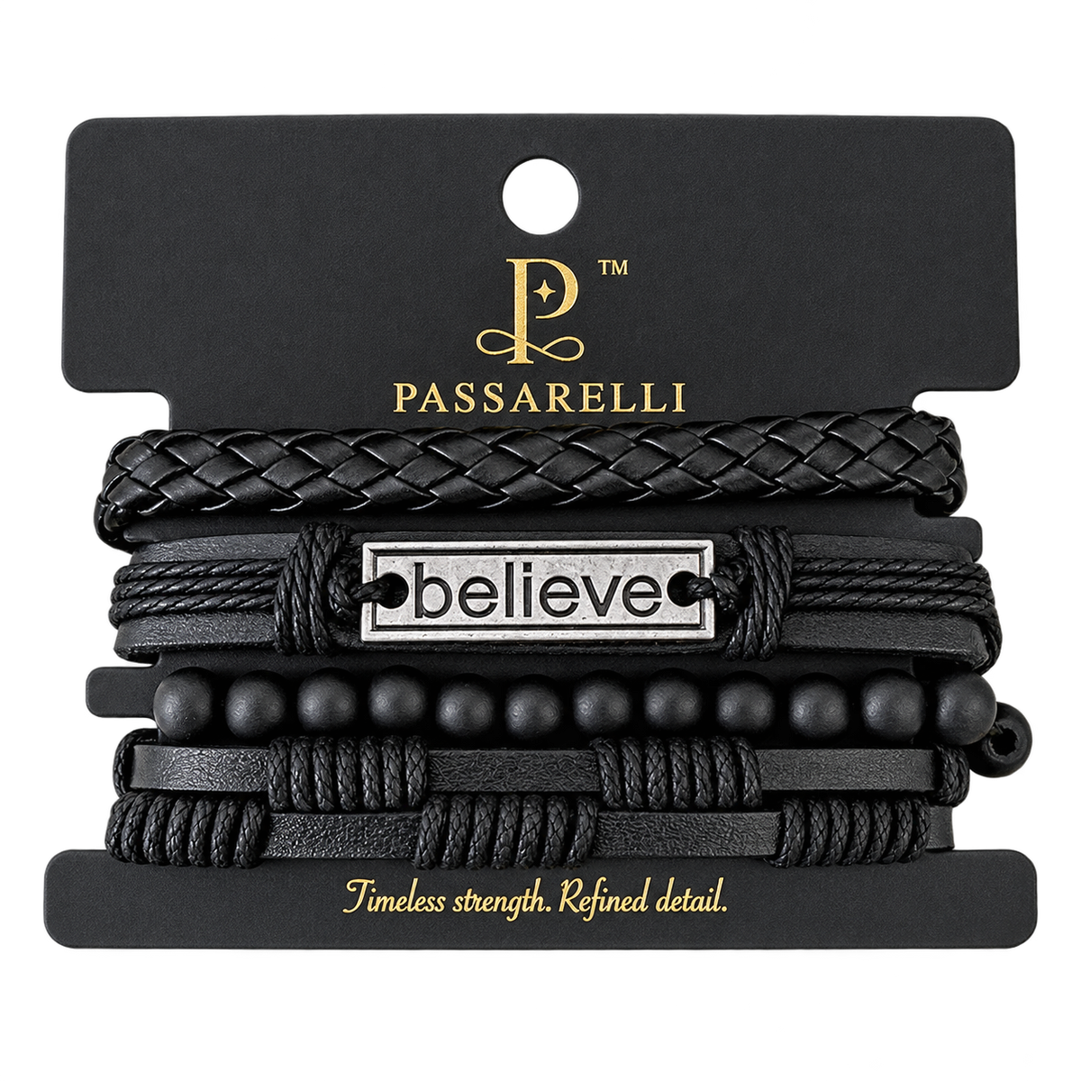 Passarelli 4-piece all-black leather bracelet stack with engraved Believe plate, wide braided leather, matte black beads, and multi-strand rope leather bracelet