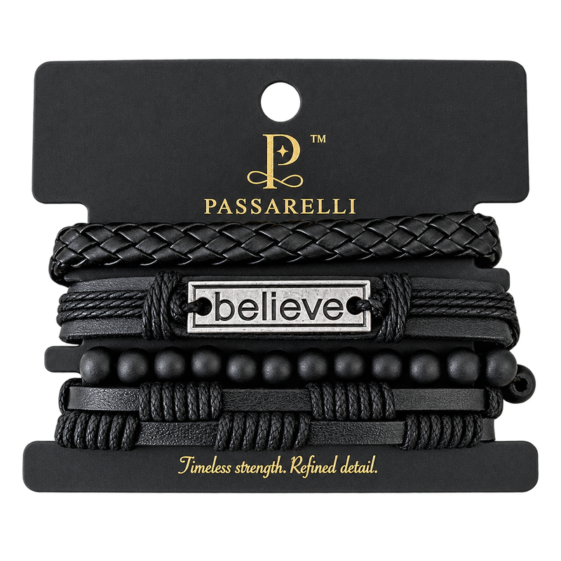 Passarelli 4-Piece Black Leather Bracelet Stack Set with Believe Plate