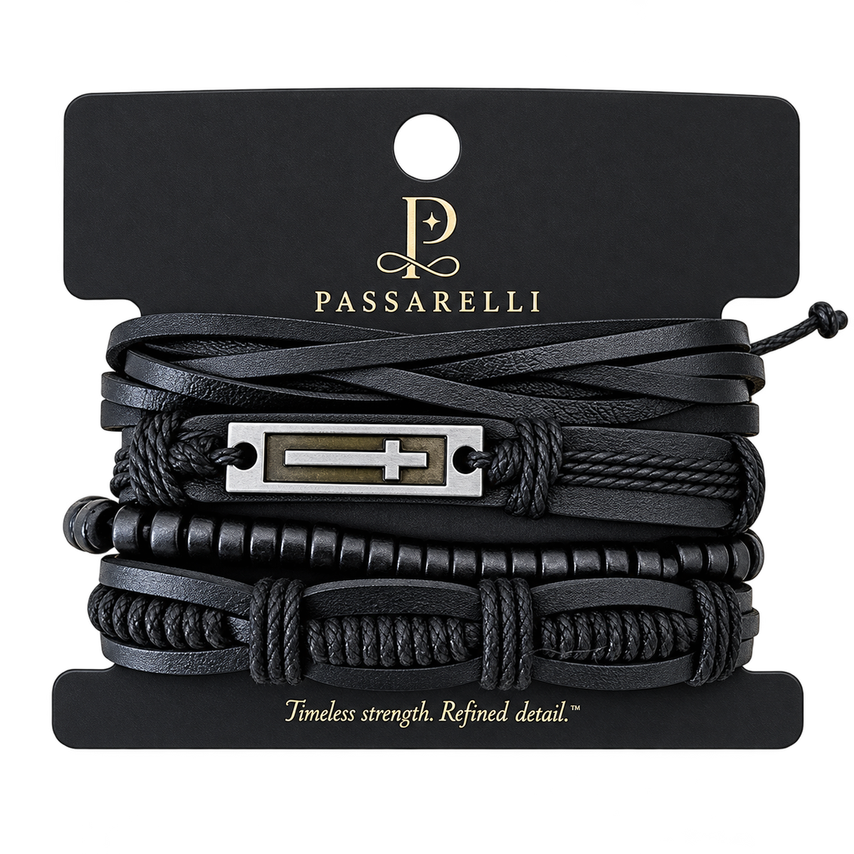 Passarelli 4-piece all-black bracelet stack with silver cross plate, multi-strand leather, black wood beads, and knotted rope leather bracelet