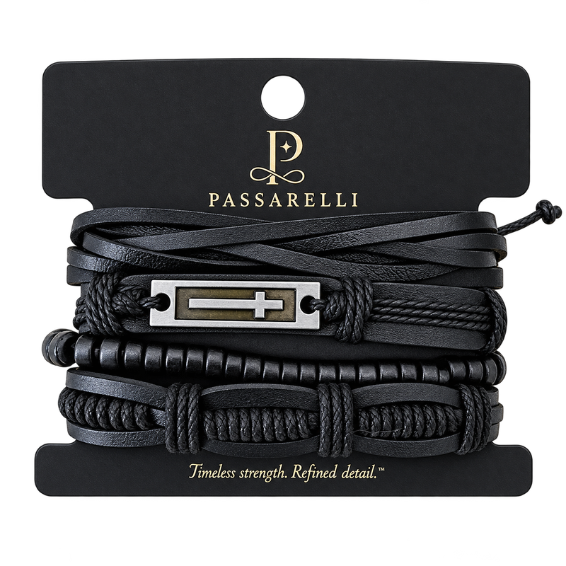 Passarelli 4-Piece Black Leather Bracelet Stack Set with Silver Cross Plate