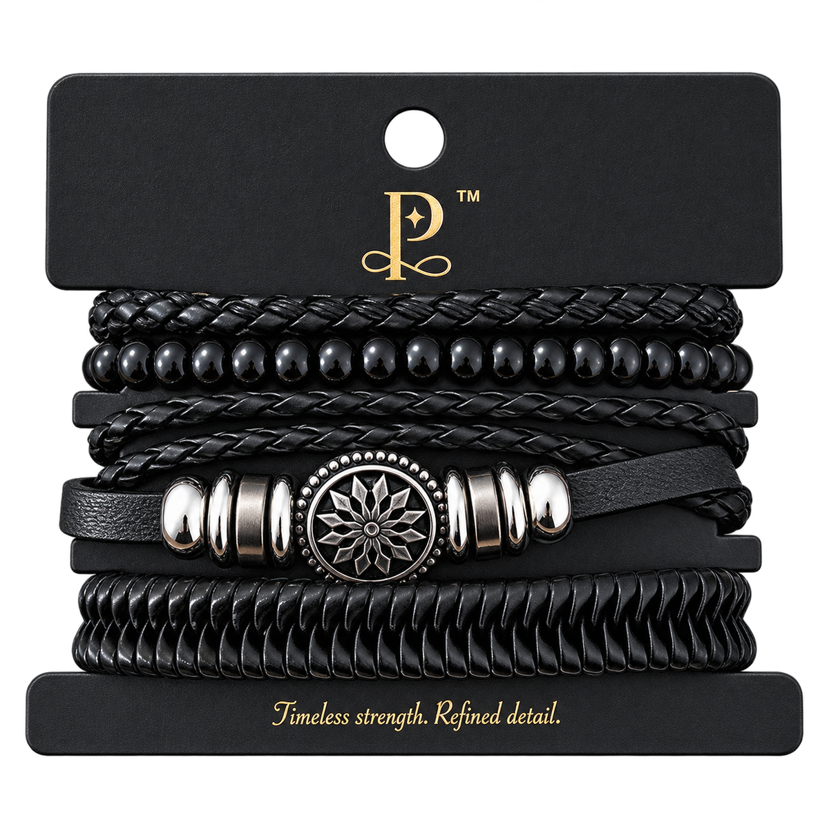 Passarelli 4-piece all-black bracelet stack with silver lotus medallion, braided leather, black onyx beads, and chunky woven rope bracelet
