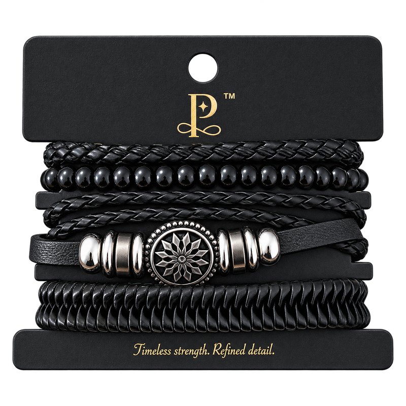 Passarelli 4-Piece Black Leather Bracelet Stack Set with Silver Lotus Medallion