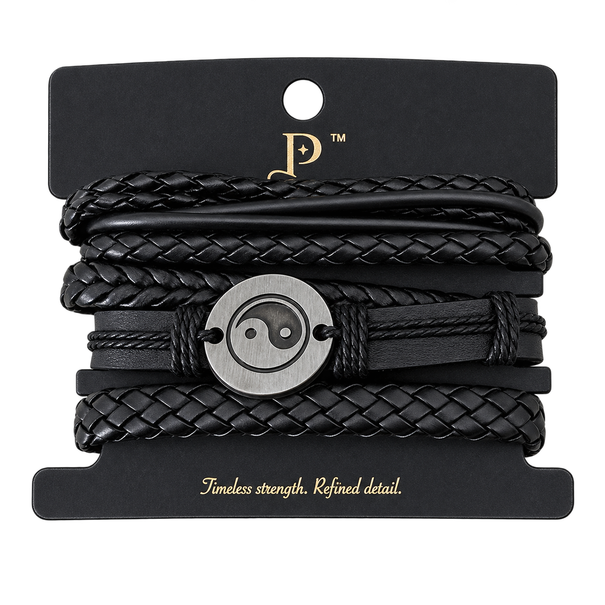 Passarelli 4-piece all-black leather bracelet stack set with silver yin yang medallion, multi-strand and braided leather bracelets