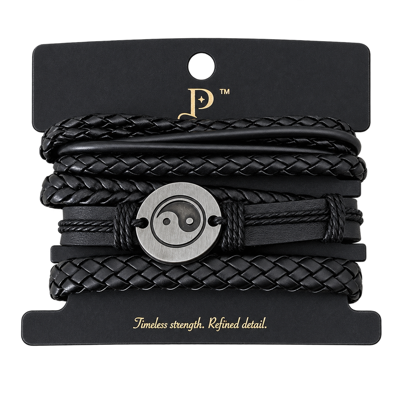 Passarelli 4-Piece Black Leather Bracelet Stack Set with Yin Yang Medallion