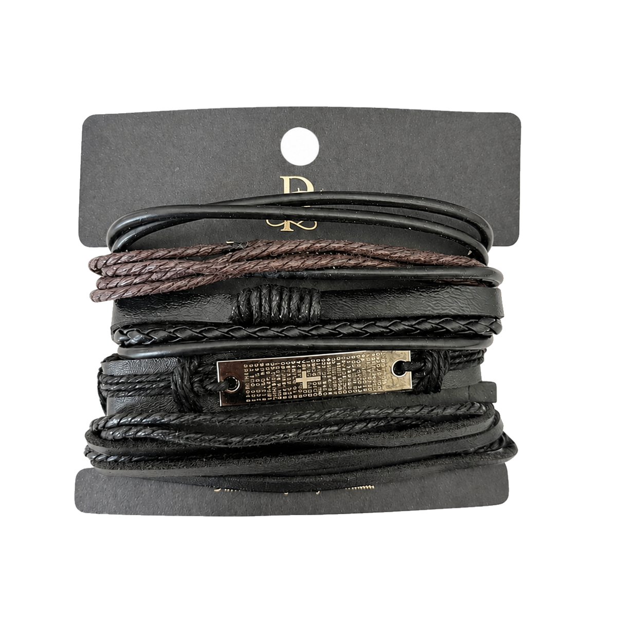 Passarelli 4-piece all-black leather bracelet stack set with engraved Bible verse plate, braided, rope, and flat leather strands